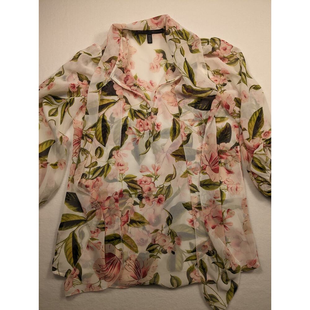 White House Black Market Top Women's XXS Floral White Blouse Scarf luxury Classy - Picture 2 of 16